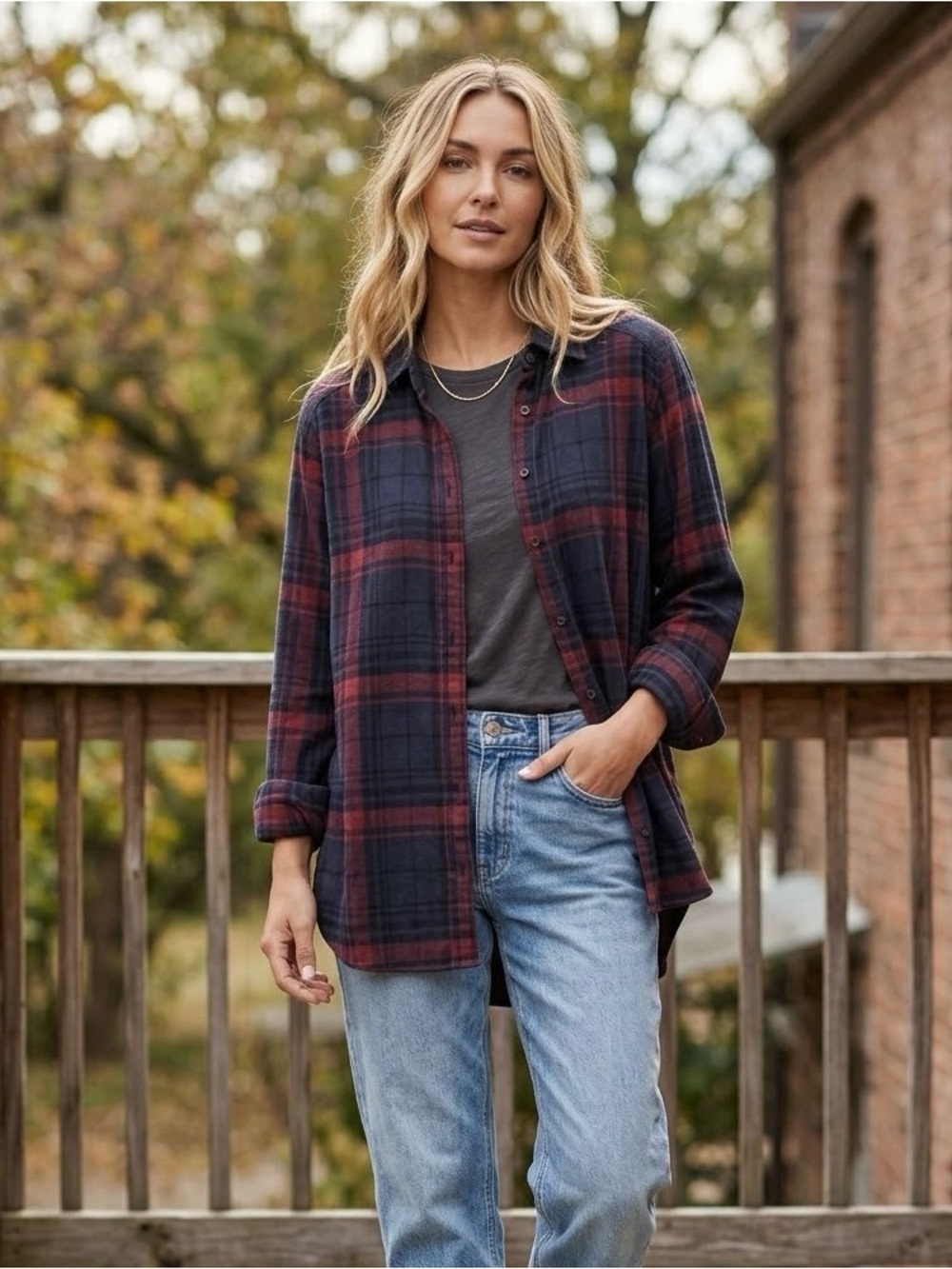 PAIGE Premium Burgundy & Navy Plaid Button-Down Shirt (Size M)